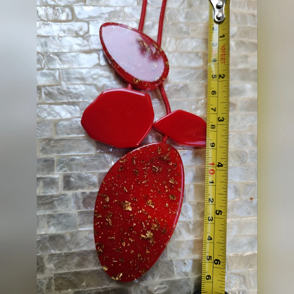 Reversible Bright Red Acrylic with Gold Flakes Necklace with Earrings Set - Picture 11 of 17